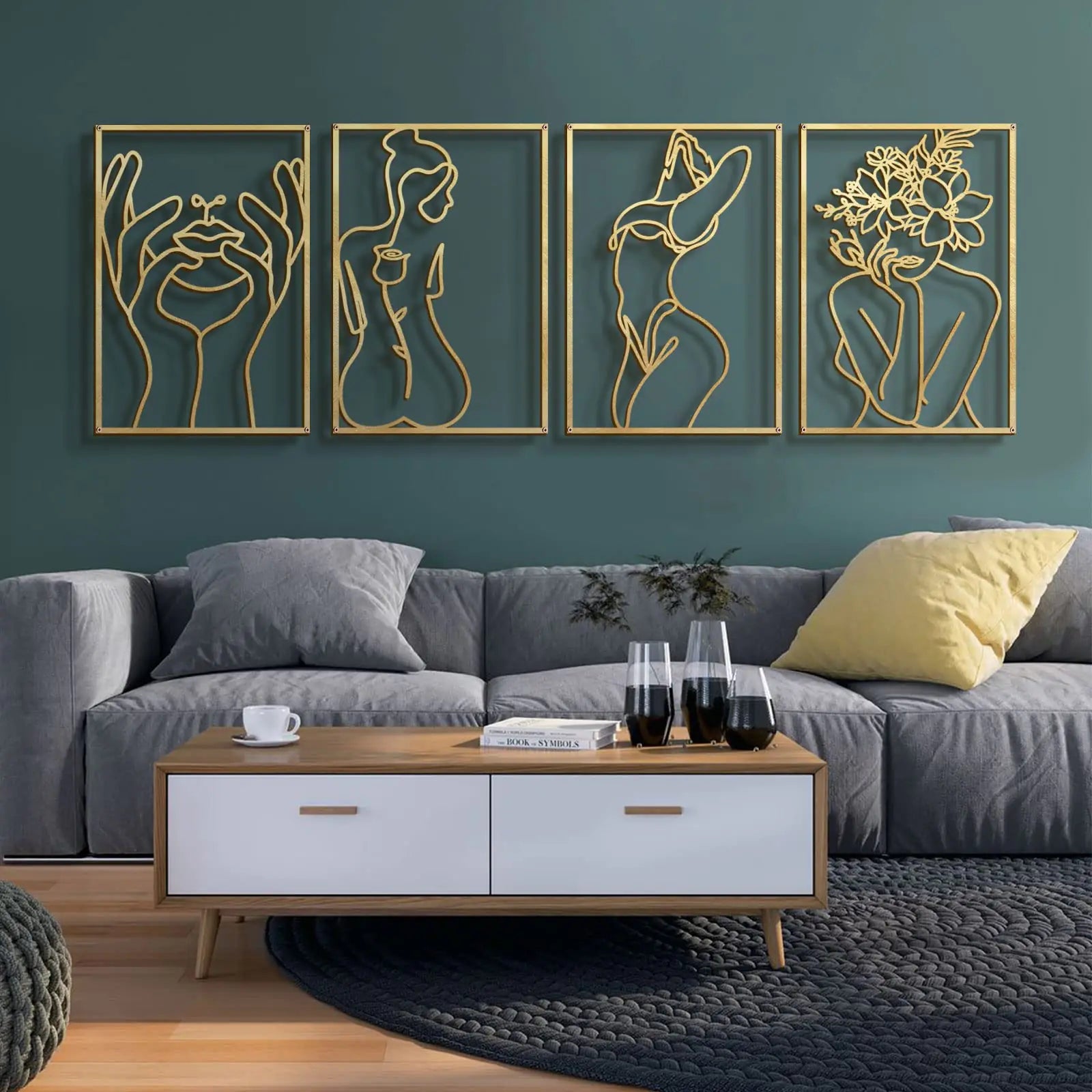 Glamativity 4 Pack Gold Wall Art Décor Minimalist Décor Single Line Art Wall Décor Real Metal Wall Art Abstract Wall Art (Gold Classic Style M Size 17 x 11.8)